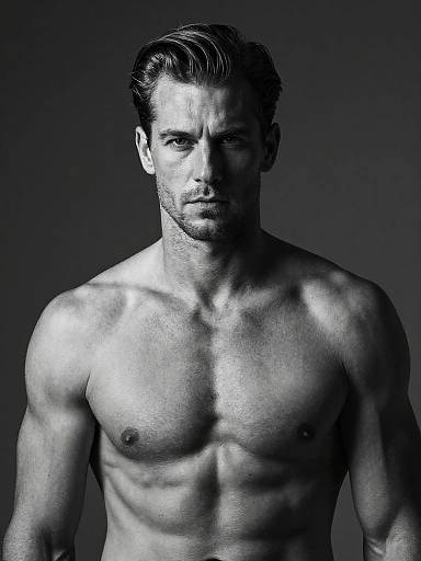 Photograph of a muscular, shirtless, light-skinned man with dark hair and a serious expression, highlighted by dramatic blue lighting against a dark gradient