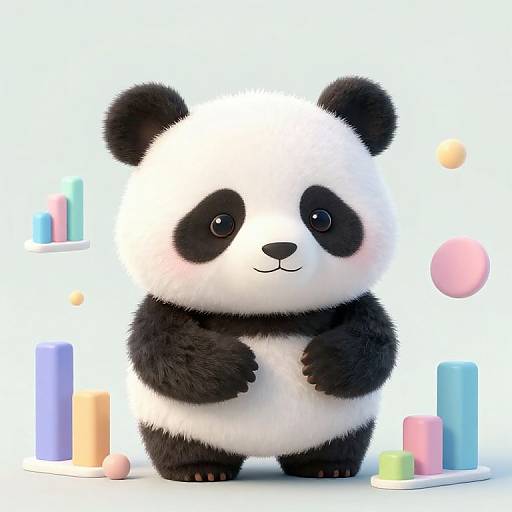Cute CGI panda with fluffy black and white fur, standing on two legs, surrounded by colorful cylindrical pastels and floating balls.