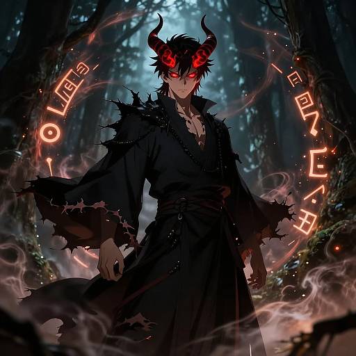 Digital anime artwork of a demonic figure with glowing red eyes, black horns, tattered dark robes, surrounded by red magical runes in a foggy forest