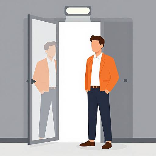 Digital illustration of a man in an orange jacket, white shirt, and blue pants standing in front of an open door, with his reflection visible in the