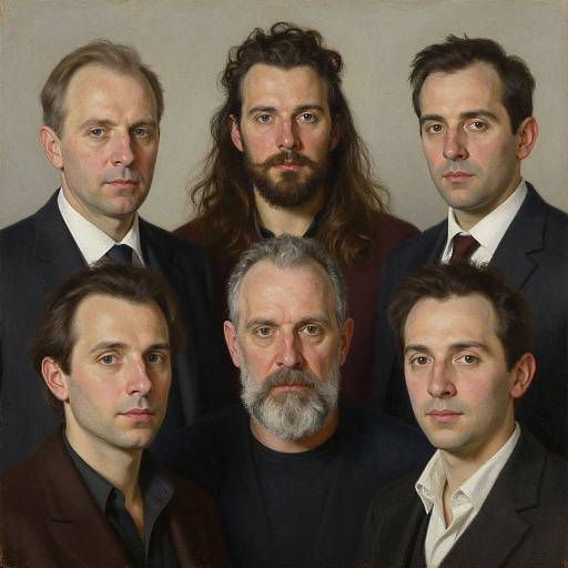 Photograph-style digital painting of six middle-aged white men with serious expressions, varied hair lengths, and formal black suits, arranged in a semi-circle against
