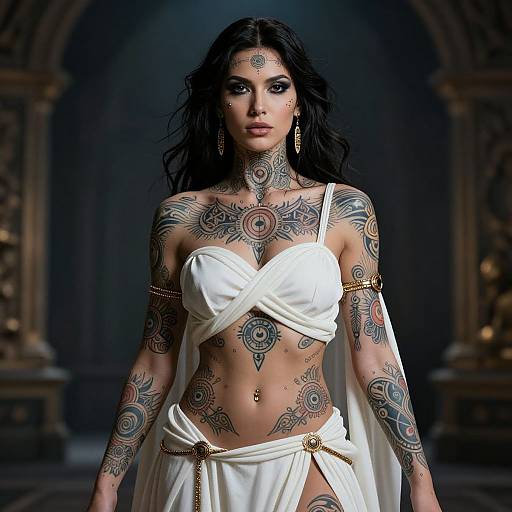 Tattooed model in white, crisscrossed top and draped skirt, with intricate arm and chest tattoos, walks a dimly-lit
