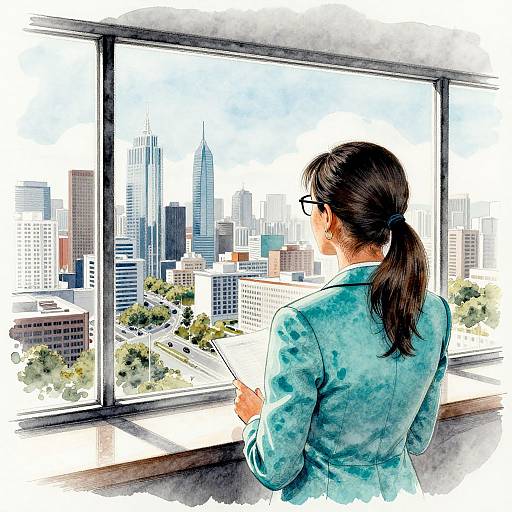 Watercolor illustration of a woman in a blue blazer with ponytail, black glasses, holding a pen, gazing out a window at a modern