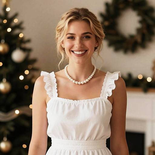 Smiling Woman in White Dress with Pearl Necklace