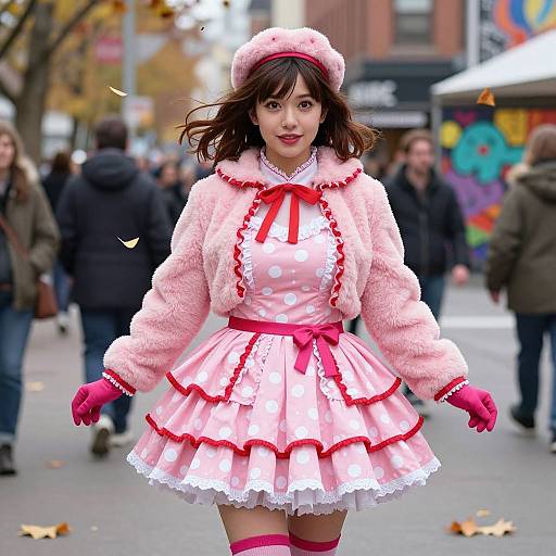 Photograph of an Asian woman in a pink, polka-dot, frilled dress, pink gloves, and hat, walking through a busy, autumn