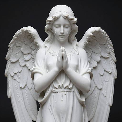 Photorealistic white marble angel statue with detailed wings, tears streaming down her face, hands in prayer, against a black background.