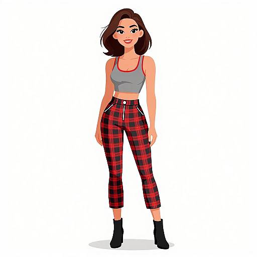 Digital illustration of a smiling woman with brown hair, wearing a grey crop top, red plaid pants, and black ankle boots.