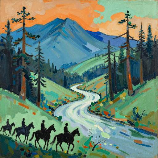 Abstract Mountain Landscape with Horseback Riders