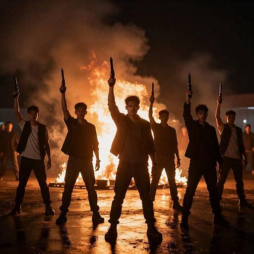 Group of men with raised guns in front of fire at night