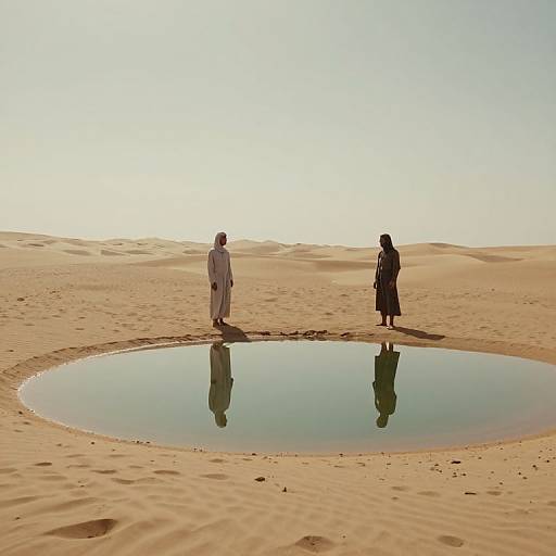 Photograph of two people in desert sand, one in white, one in black, standing by a circular mirror-like water puddle.