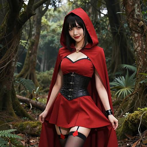 Photorealistic CGI of an Asian woman in a Little Red Riding Hood costume, red dress, black corset, garter, and thigh-high stockings