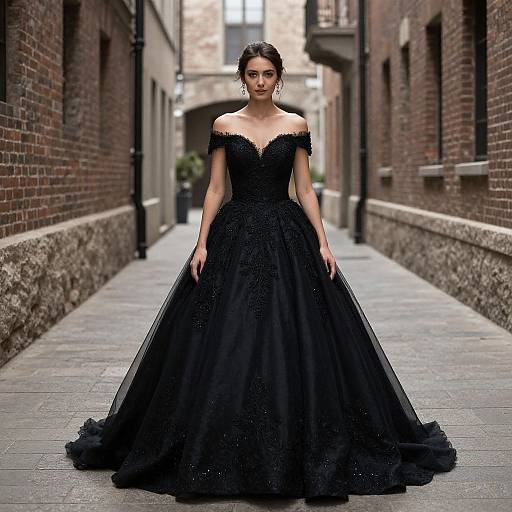 Photograph of a woman in an off-shoulder, black, lace-embellished ball gown, standing in a narrow, brick alleyway