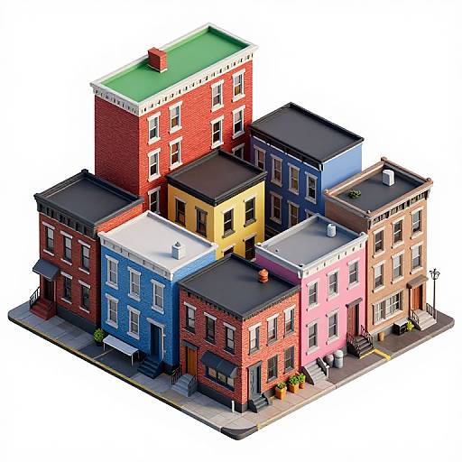 Isometric digital illustration of colorful, connected row houses in various shades of red, blue, yellow, and pink with green, black, and gray roofs