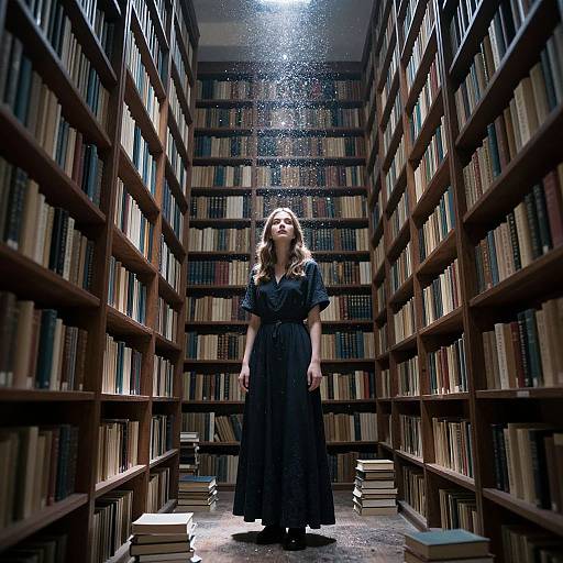 Photograph of a young woman with wavy brown hair in a black dress standing in a dimly lit, narrow library aisle with water droplets falling