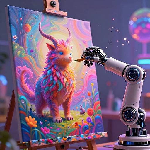 Digital artwork of a colorful, fluffy, horned creature painted by a robotic arm on a vibrant, swirling background canvas.