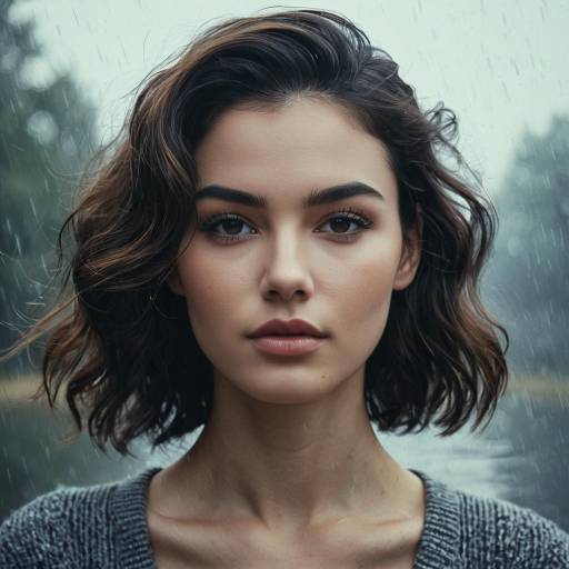 Portrait of Woman in Rain with Detailed Facial Features