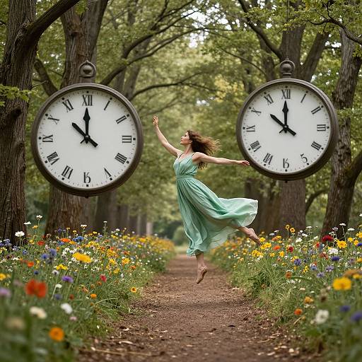 Photograph of a dancing woman in a flowing green dress between two hanging clocks, surrounded by a colorful flower-lined forest path.