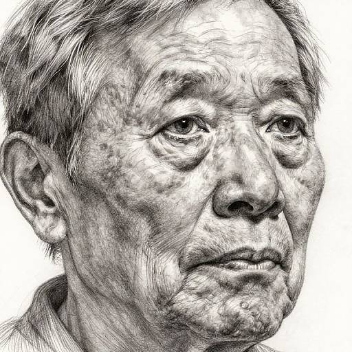Black-and-white detailed pencil drawing of an elderly man with wrinkled skin, short gray hair, and a serious expression, set against a plain white background