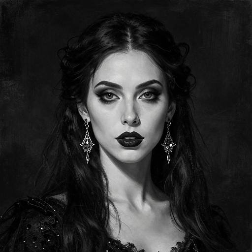 Digital portrait of a pale, dark-haired woman with intense black eyes, dramatic black lipstick, and intricate diamond earrings, set against a black background.