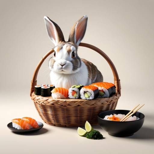 Photorealistic Rabbit with Sushi Basket Photorealistic Rabbit with Sushi Basket
