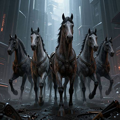 Digital art of four powerful, black horses with metallic harnesses galloping through a neon-lit, futuristic city street at night.
