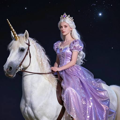 Princess on White Unicorn at Night