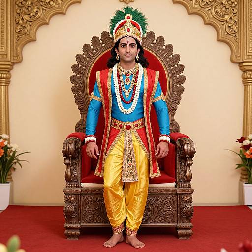 Photograph of a South Asian man in traditional royal attire, sitting on an ornate wooden throne, wearing colorful jewelry and a feathered headdress,