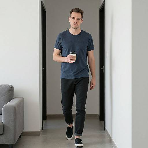 Photograph of a young man with short brown hair, wearing a navy t-shirt, black pants, and black sneakers, holding a coffee cup, walking