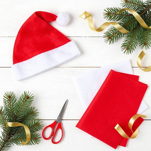 Christmas-themed top-down photograph: Santa hat, red gift, gold ribbon, scissors, and pine branches on white wooden background.
