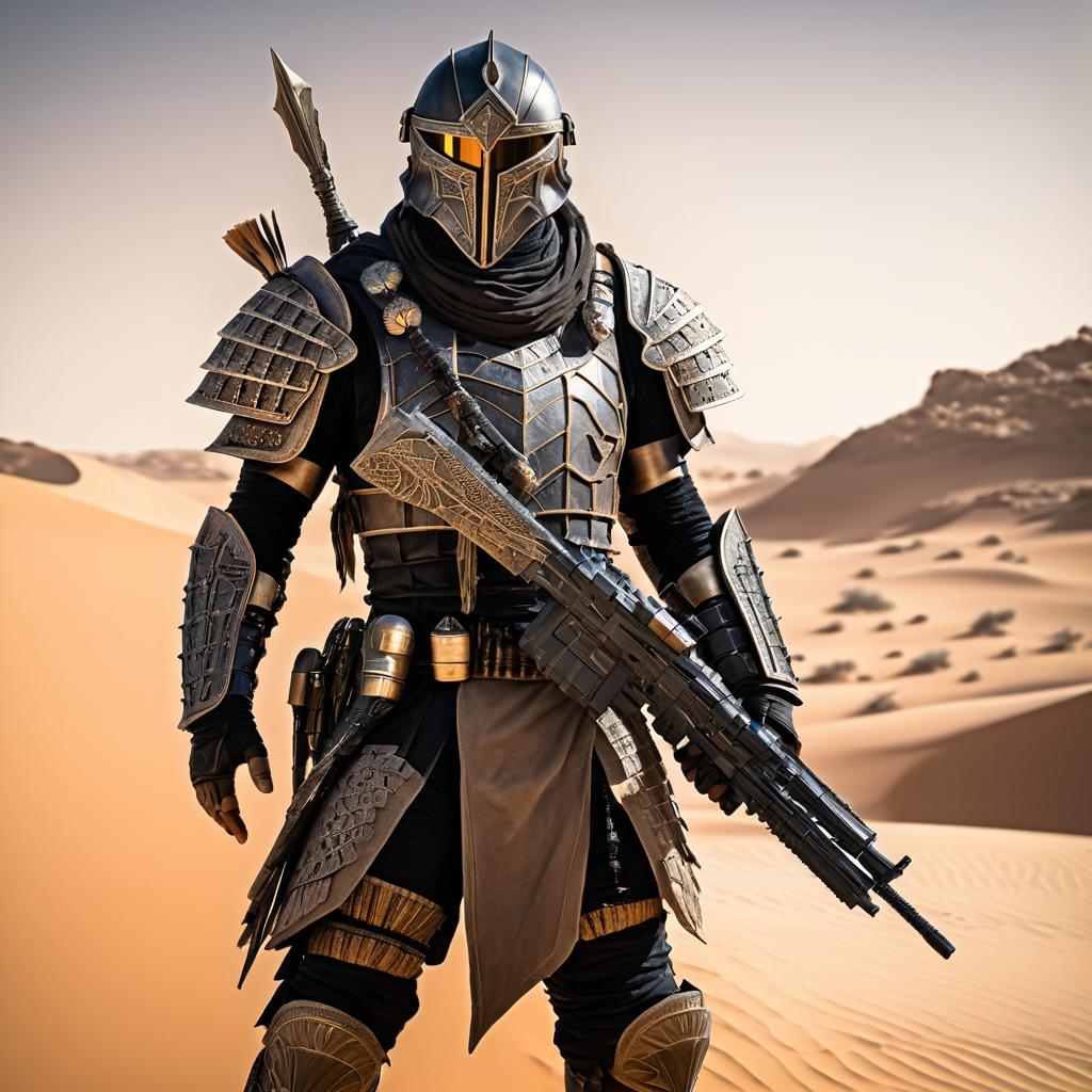 Epic Desert Warrior in Post-Apocalyptic Scene