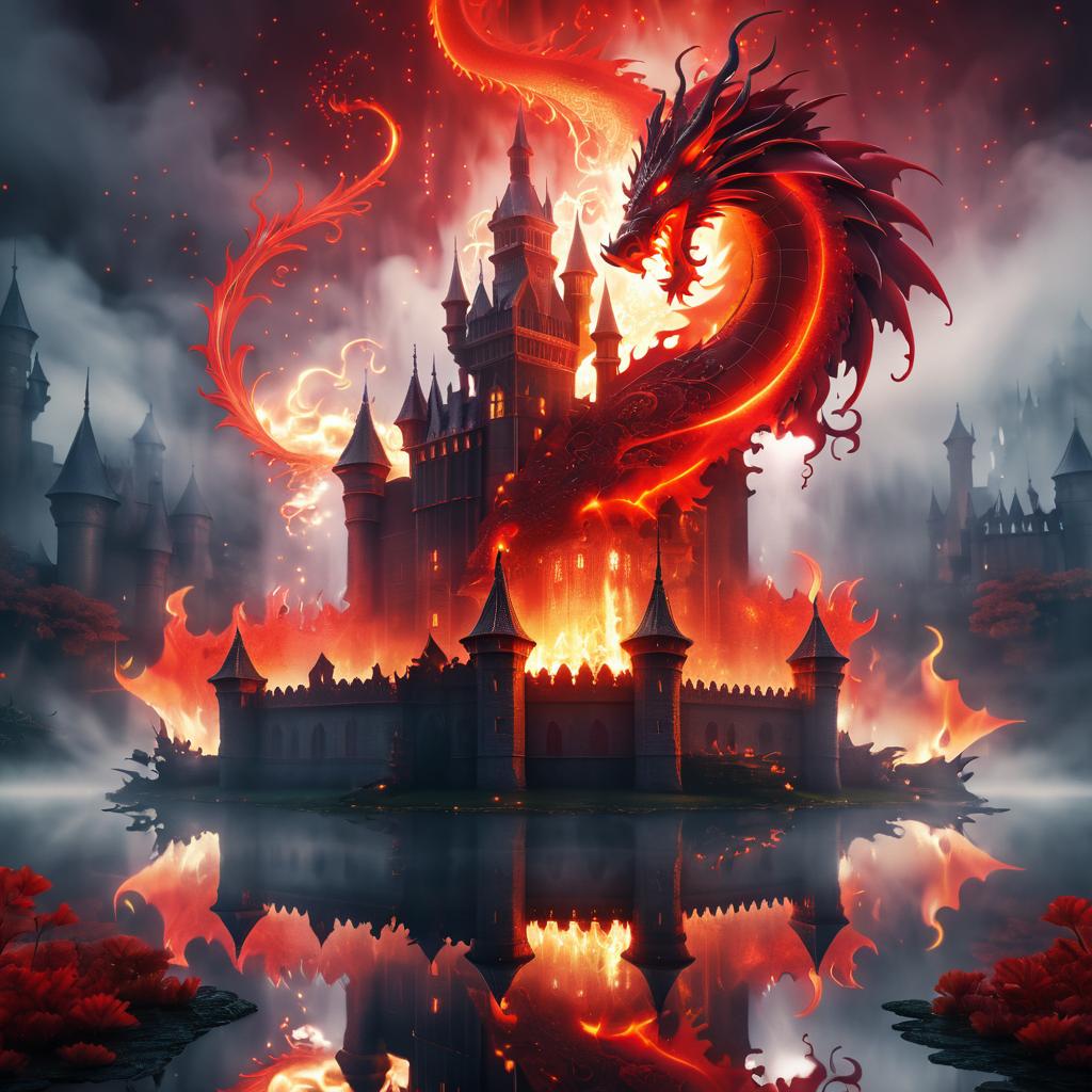 Majestic Dragon Over Fiery Castle