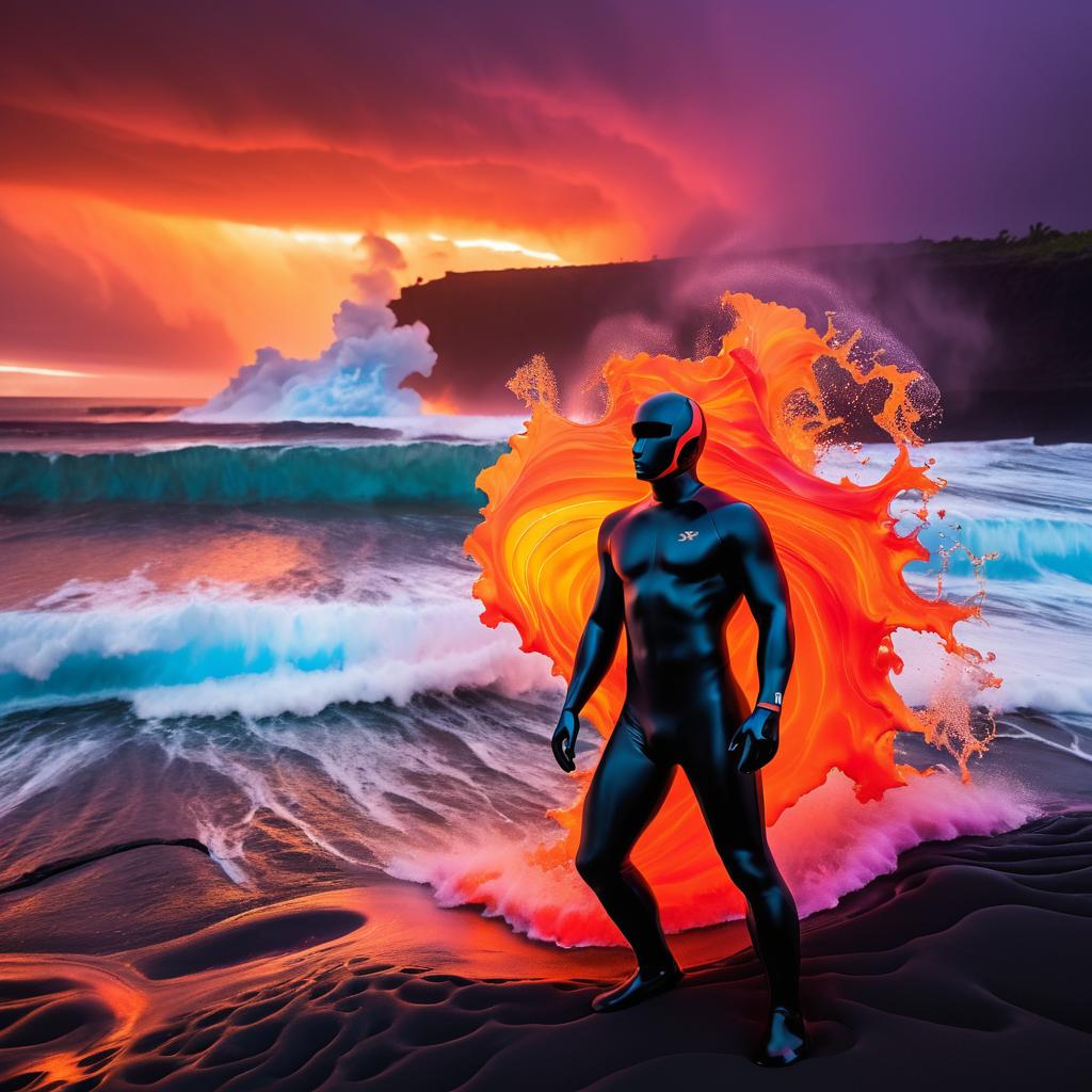 Surreal Surfer Among Flowing Lava Eruptions