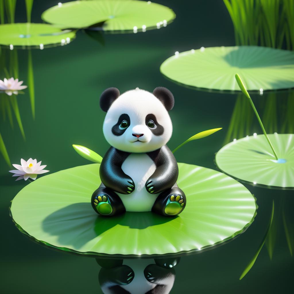 Photorealistic Baby Panda on Lily Pad