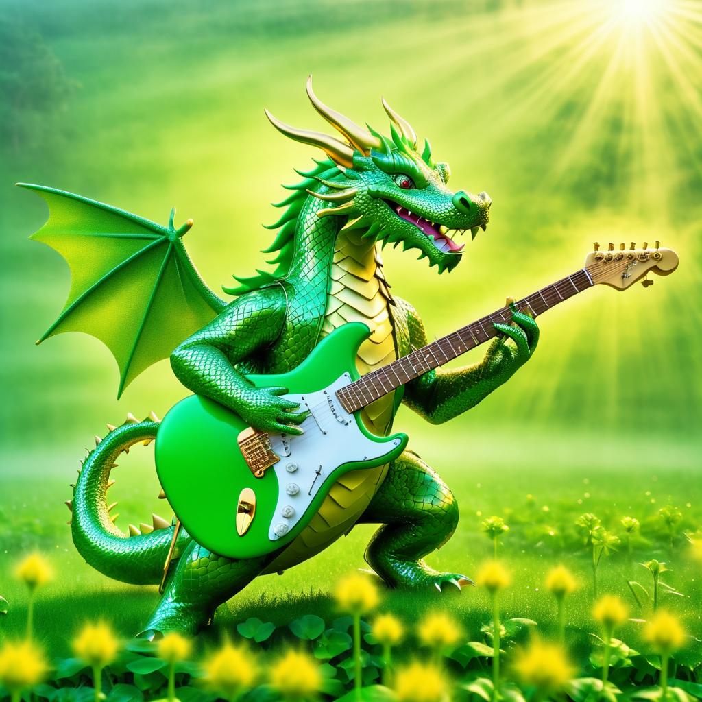 Playful Dragon with Golden Guitar in Clover