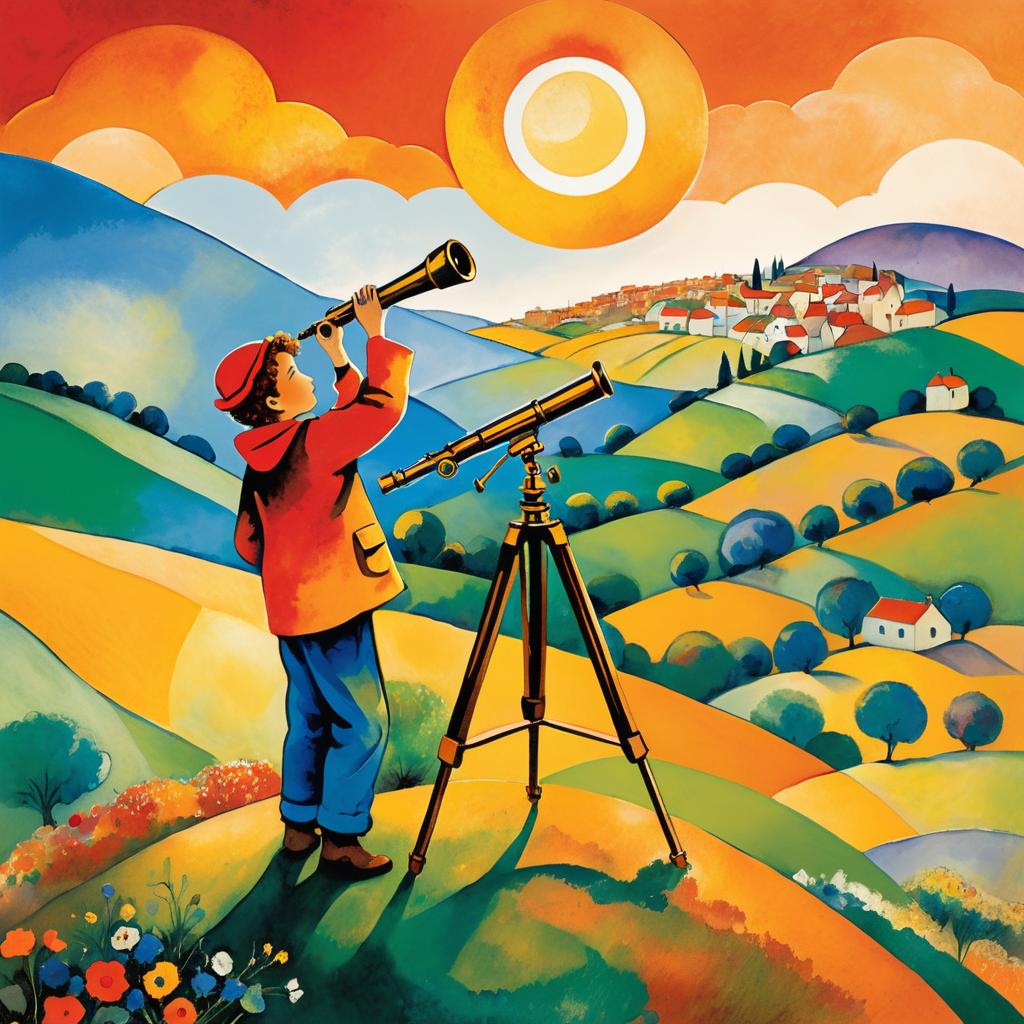 Chagall-Style Boy with Telescope Illustration