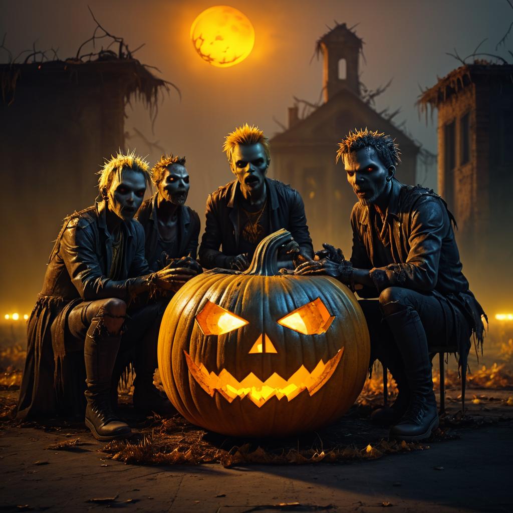 Terrifying Zombies Around a Decaying Pumpkin