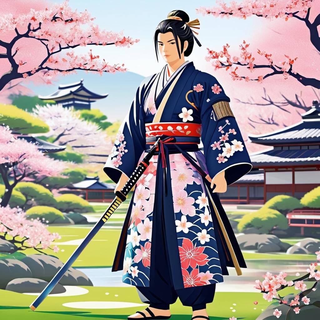 Determined Samurai in Cherry Blossom Garden