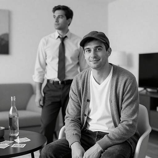 Black and White Portrait of Two Men in Living Room