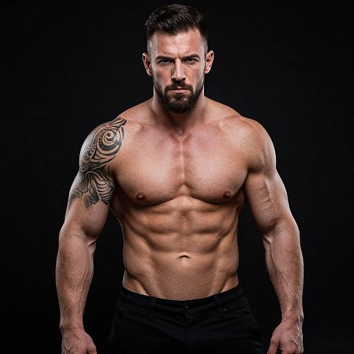 Photograph of a muscular, bearded, tattooed, shirtless man with short dark hair, intense expression, and black pants against a black background