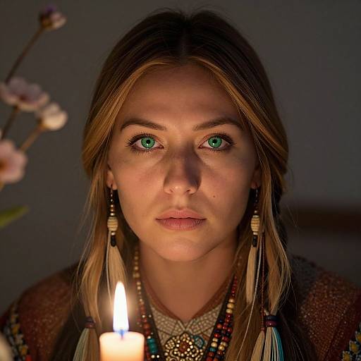 Photograph of a young woman with striking green eyes, wearing beaded earrings and necklace, illuminated by a candle, with blurred white flowers in the background
