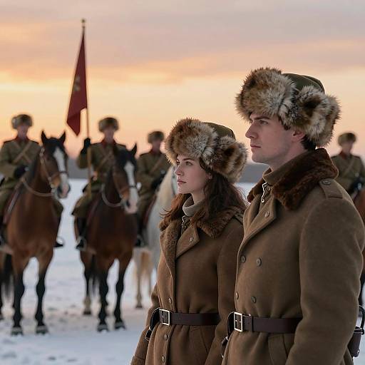 Couple and Soldiers in Winter Uniforms with Horses