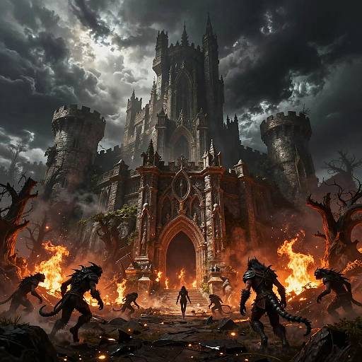 Digital fantasy artwork of a dark, gothic castle under stormy skies, surrounded by raging fires and silhouetted werewolf warriors.