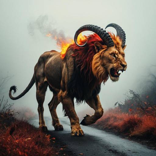 Hyper-Realistic Chimera with Fiery Aura in Fog Hyper-Realistic Chimera with Fiery Aura in Fog