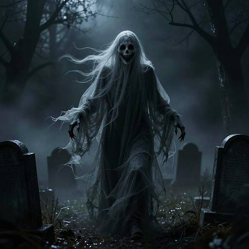 Smiling Ghostly Figure in Foggy Graveyard