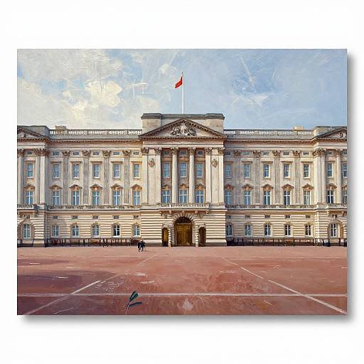 Photograph of grand, neoclassical Buckingham Palace with white stone facade, tall columns, arched entrance, British flag on top, and empty
