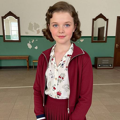 Photorealistic image of a young girl with fair skin, blue eyes, and curled brown hair, wearing a floral blouse and burgundy jacket, standing