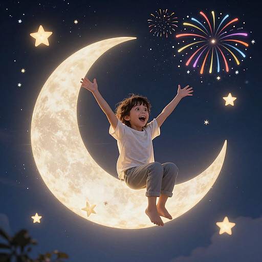 Photograph of a joyful young boy with curly hair, wearing a white shirt and gray pants, joyfully jumping on a glowing crescent moon, surrounded