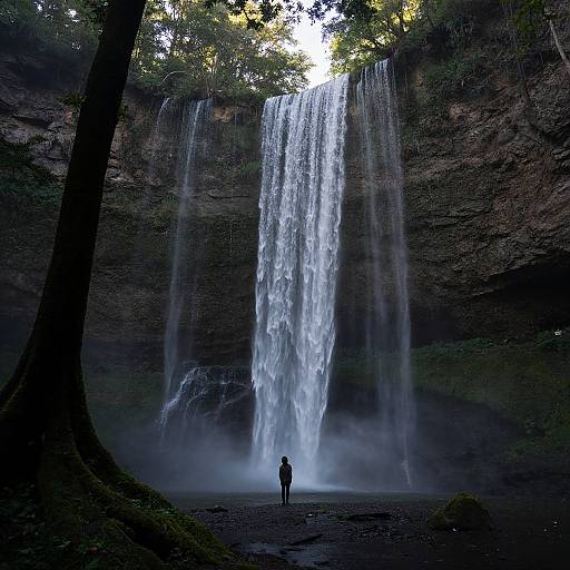 Photograph of a solitary figure standing at the base of a towering, misty waterfall, surrounded by dark, rocky cliffs and lush greenery.