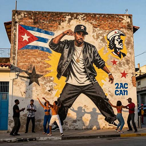 Vibrant street mural of a hip-hop DJ in black leather jacket and cap, surrounded by dancing people, Puerto Rican flag, and ZACAT