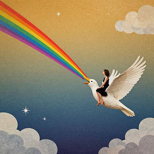 Digital artwork: A white dove with a woman riding, breathing a vibrant rainbow into a gradient sky with clouds and stars.